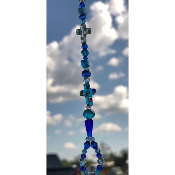 Beaded Suncatcher Rearview Mirror Ornament Cross Blue Crystal Prism Car Charm - Picture 4 of 10